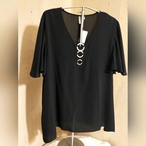 Cato Black Blouse with Hammered Metal Circle Design